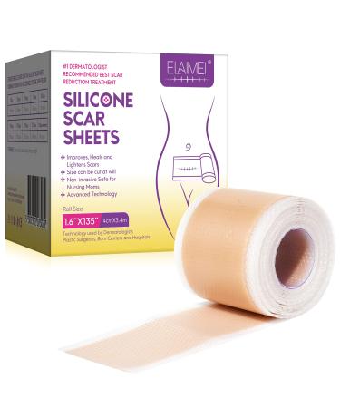 Scar Away Silicone Scar Sheets(1.6"x135"-3.4M) Medical Grade Silicone Scar Tape Silicone Strips for Scar Healing Painless Scar Removal Tape for All Surgical Incisions C-Section Burn Keloid Acne 1.6"x135"-3.4M 1.6"x135"-3.4m Tape Roll