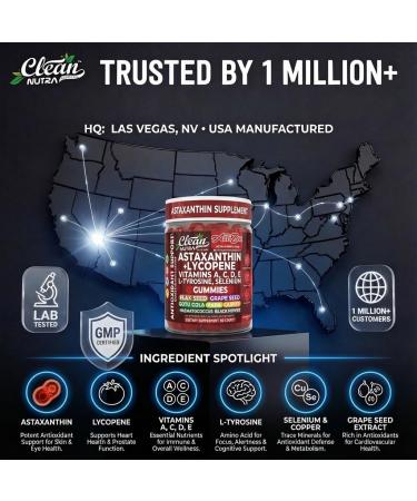 Clean Nutra AstaZen Astaxanthin Complex Gummies 12mg w/Lycopene Pure Vitamin A C D E L-Tyrosine Selenium Premium Berry Banana Eye Skin Immune Support Supplement 60 Count - Buy Online on GoSupps.com