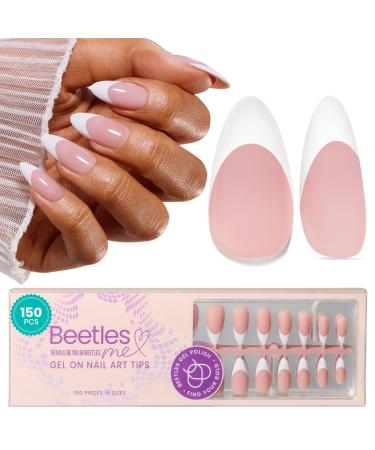 Beetles Pre-French Tips Gel Nail Tips- 150Pcs in 15 Sizes French Tip Press on Nails Nude Pink Medium Almond Pre-applied Tip Primer & Base Coat No Need to File Fake Nails for Nail Art DIY 0-0-150Pcs French Tips
