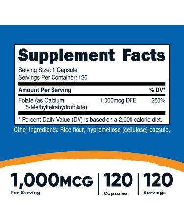 Nutricost Methyl Folate 1000mcg - 120 Vegetarian Capsules | Gluten-Free & Non-GMO - Buy Online on GoSupps.com