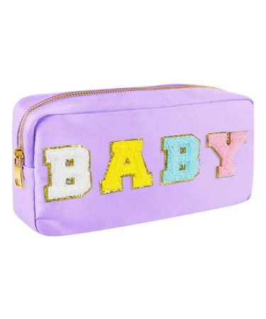 Nylon Waterproof Preppy Valentines Gift Makeup Bag-Cute Baby Chenille Letter Portable Travel Organizer Pouches for Toiletries and Cosmetics Storage Bag with Patches (Purple-Baby)