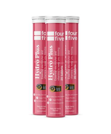 fourfive Hydrate Electrolytes - Essential Electrolytes & Vitamins with Magnesium & Calcium for Sports Hydration Vegan & Low Calorie Berry Flavour (60 Effervescent Tablets) Berry 20 count (Pack of 3)