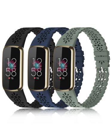 3 Pack Slim Sport Bands Compatible with Fitbit Luxe Band for Women Soft Silicone Lace Thin Hollow-Out Replacement Wristbands Breathable Bands for Fitbit Luxe Fitness Smart Watch Suits for 5.6"-7.1" Wrists E-Black/Deep Blue/Green