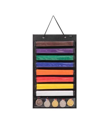 AFUOWER Martial Arts Belt Holder Hanging Display for 8 Belts, Hold 5 Medals black