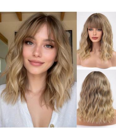 Haircube short charming bob with bangs wigs for woman nature heat -resistant synthetic fiber party/cosplay/costume/daily wig (ombre light blonde)