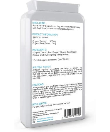 Organic Turmeric Curcumin 1000mg with Black Pepper - High Potency - 120 Veg Capsules | UK Made, Certified Organic, Non-GMO, Gluten Free | Vegan Friendly - Buy Online on GoSupps.com