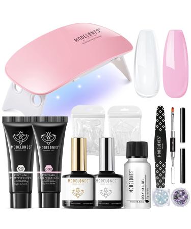 Modelones Poly Nail Gel Kit (15ML) Starter with U V Light 6W LED Nail Dryer Lamp 2 Colors Clear & Pink Gel Nail Extension Tips Kit with Top and Base Coat Natural Skin Tone Essential Manicure Tool