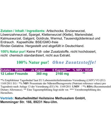 12 Liver Friends - 180 Vital Capsules with Bitter Herbs & Artichoke - Pure Nature No Additives - Shop Internationally - Buy Online on GoSupps.com