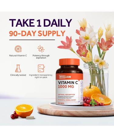 Whollium Vitamin C Tablets 1000mg with Citrus Bioflavonoids, Rose Hips, Echinacea & Turmeric - 90 Tabs | High Potency Antioxidant & Immune Support - Buy Online on GoSupps.com