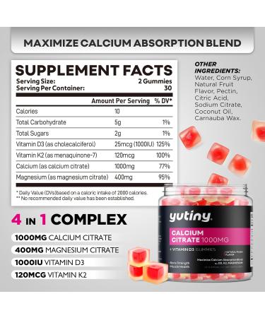 Yutiny Calcium Citrate Filled Gummies Extra Absorption Calcium Citrate 1000mg with Vitamin D3 K2 & Magnesium Chewable Supplement for Bone Muscle Health 60 Count - Buy Online on GoSupps.com