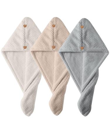 Hair Towel Wrap 3Pcs Soft Absorbent Hair Towel Hat 9.5x25 Inch Quick Dry Hair Turban Towel with Cute Bear Shaped Button Hair Hair Towel Wraps