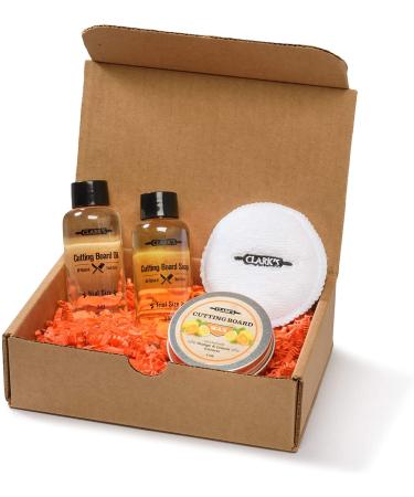 CLARK'S Cutting Board Care Gift Set - Cutting Board Soap, Oil, Wax, and Buffing Pad. Enriched with Orange & Lemon Oils. Small Sizes for a Big Impact!