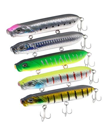 Fishing Lures, Minnow Popper Crank Baits Pencil Bass Trout Fishing Lures with Hooks, Topwater Artificial Hard Swimbaits for Saltwater Freshwater Trout Walleye Blueback Salmon Catfish B-5pc,3.94