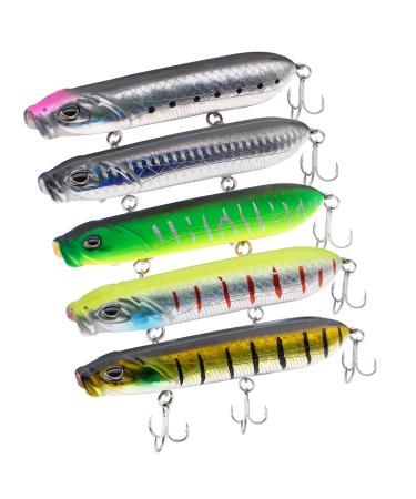 Fishing Lures, Minnow Popper Crank Baits Pencil Bass Trout Fishing Lures with Hooks, Topwater Artificial Hard Swimbaits for Saltwater Freshwater Trout Walleye Blueback Salmon Catfish B-5pc,3.94",0.63oz