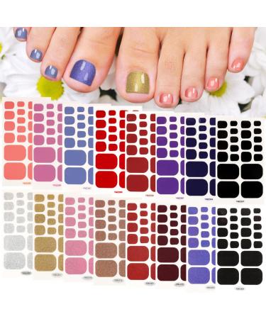 16 Sheets Toe Nail Stickers Full Toe Nail Wraps Self Adhesive Glitter Toenail Stickers Red Silver Black Pink Blue Purple Orange