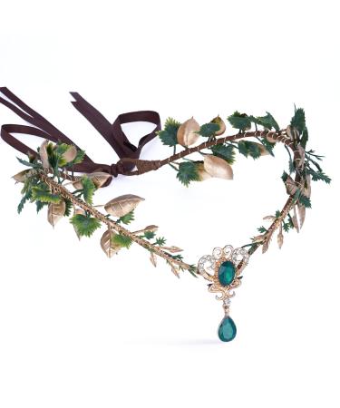 MOSTORY Gold Elf Leaves Circlet for Women Green Crystal V-shape Crown for Womens Woodland Fairy Floral Headpiece for Wedding Birthday Party Queen Cosplay Hair Accessory Halloween Renaissance