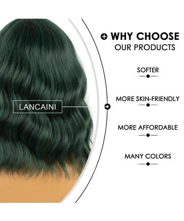 Lancaini Dark Green Short Bob Wig with Bangs for Women - Synthetic Loose Wavy Shoulder Length Cosplay Wig for Girls - Buy Online on GoSupps.com