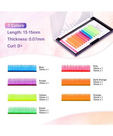 Neon Colored Easy Fan Lash Extensions D+ Curl 0.07mm Mixed Length 13mm-15mm Blue Purple Yellow Green Pink Orange and Dark Orange Rainbow Faux Mink Eyelashes Beauty7 - Buy Online on GoSupps.com