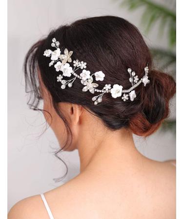 Deniferymakeup Silver Bridal Hair Piece Pearl Hair Vine Wedding Floral Hair Piece Women Leaf and Flower Headband Rhinestones Wedding Hair Accessories - Buy Online on GoSupps.com