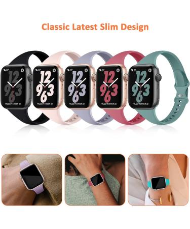 TSAAGAN 5 Pack Silicone Slim Bands for Apple Watch 38mm 42mm 40mm 44mm - Ultra-Thin Sport Strap for iWatch Series 8/7/SE/6/5/4/3/2/1 - Women Men Black/Milk Tea/White/Sand Pink/Smoke Violet - Buy Online on GoSupps.com