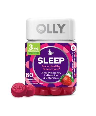 OLLY Sleep Gummy 3 mg Melatonin L-Theanine Chamomile Lemon Balm Sleep Aid Strawberry 60 Count 60 Count (Pack of 1)