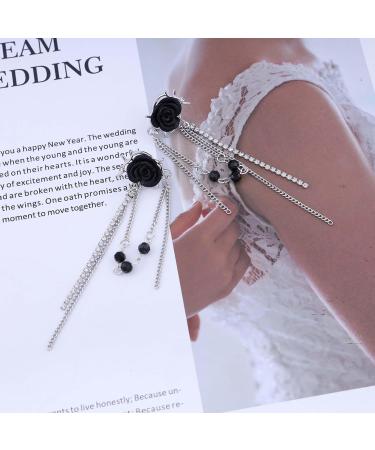 Punk Black Rose Flower Earrings | Rhinestone Chain Drop Tassel Earrings for Women | Silver CZ Ear Cuff Jewelry - Buy Online on GoSupps.com