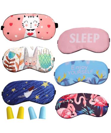 Generatic 6 Cute Sleeping Masks for Women Soft Rabbit Sleep Mask Cat Blindfold Flamingo Eyeshade for Girls Kids Starry Night Eye Cover Streliteela Sleep Eye Mask for Teens with 2 Foam Ear Plugs