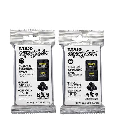 T.TAiO Esponjabon Charcoal Soap Sponge Two Pack - 2 in 1 Soap Sponge with Purifying Charcoal Charcoal 4.2 Ounce (Pack of 2)