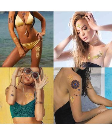 Boho Metallic Temporary Tattoos for Women - 80+ Gold & Silver Shimmer Designs | Waterproof Fake Tattoo Stickers for Henna Body Art (8 Sheets) - Buy Online on GoSupps.com