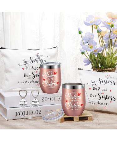 Sister Christmas Gift Set - 6 Pieces, 12oz Wine Tumblers, Makeup Bags & Keychains - Perfect Christmas/Birthday Present for Women, BFFs - Not Sisters by Blood But Sisters by Heart - with Gift Box - Buy Online on GoSupps.com