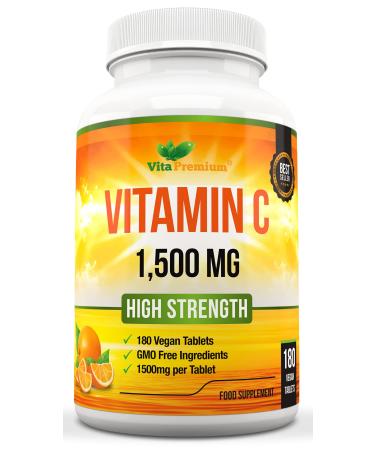 Vitamin C 1500mg per Tablet High Strength 180 Vegan Tablets Food Supplement 6 Month Supply - Made in UK