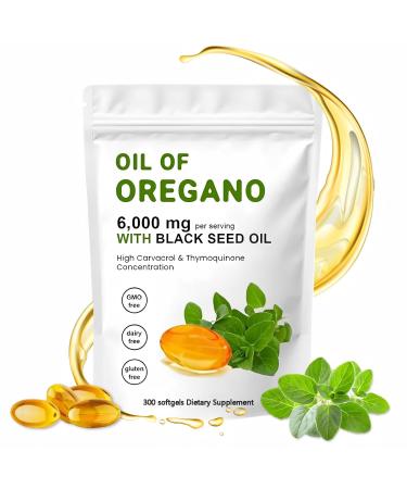 J-PRQ Oil of Oregano Softgels 300 Count Organic Oregano Oil Supplement Capsules Non-GMO 6000 mg Oregano Oil and 200 mg Black Seed Oil