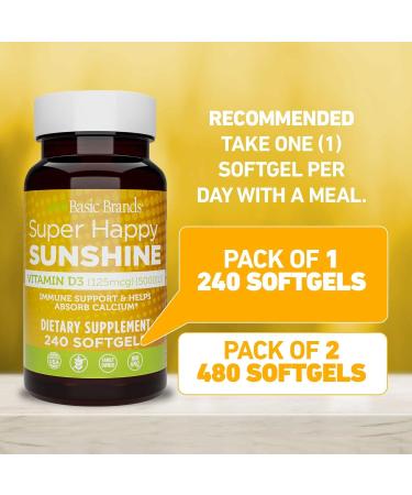 Basic Brands Super Happy Sunshine Vitamin D3 5000IU 240-count (Pack of 1) 240 Count (Pack of 1) - Buy Online on GoSupps.com