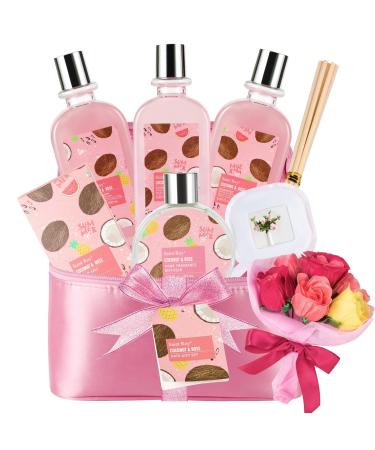 Spa Gift Baskets for Women Coconut  Teen Bath Kit 8Pcs Birthday BEAUTIFUL business GIFT Include Bubble Bath  Reed Diffuser Oil  Rose Soap Flower Gifts for Her