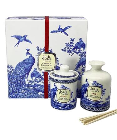 Celtic Peacock Ceramic Candle & Diffuser Set - Snowdrops & Hollyberries Gift Set 30h Burn and 15-Week Scent Duration