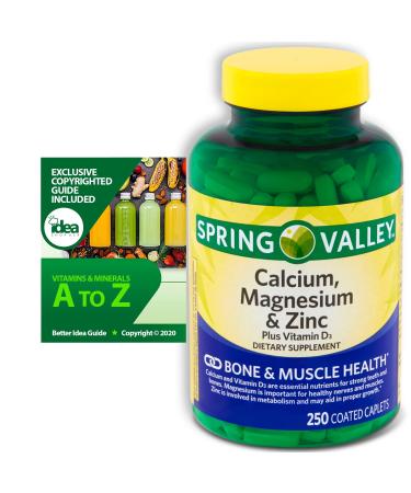 Spring Valley Calcium Magnesium and Zinc Plus Vitamin D3 Coated Caplets 250 Ct Bundle With Exclusive Vitamins & Minerals A to Z - Better Idea Guide (2 Items) 250 Count (Pack of 1)