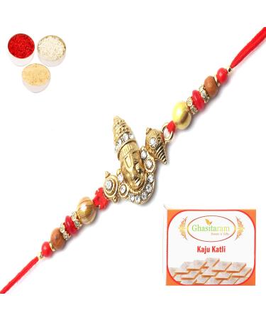 Ghasitaram Gifts Rakhi for Brother Rakhis Online- The Incarnation of Lord Vishnu bestowing his Blessings Rakhi with 200 GMS of Kaju katli