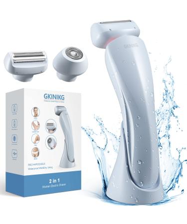 Electric Razors for Women,GKINIKG 2 in 1 Electric Shaver for Women Bikini Trimmer,Womens Electric Razor for Face Beard Legs Armpit,Portable Wet Dry Hair Removal Cordless with Rechargeable Base B Light Blue