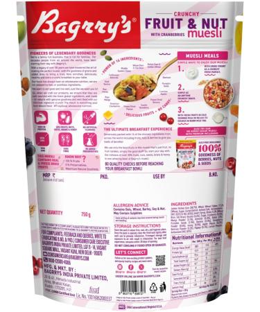 Bagrry's C r ales croustillantes avec 30 % de canneberges aux fruits et aux noix sac de 750 g 34 % d'avoine riche en fibres pas de fruits infus s de sucre vrais fruits c r ales de petit-d jeuner Fruits 750 g (Lot de 1) - Buy Online on GoSupps.com