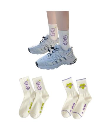 Akamas 4 couple women socks white smile face pattern crew socks colorful socks with monogram breathable cotton socks sports socks trendy stretch knitting socks gift for girls 35-41 white