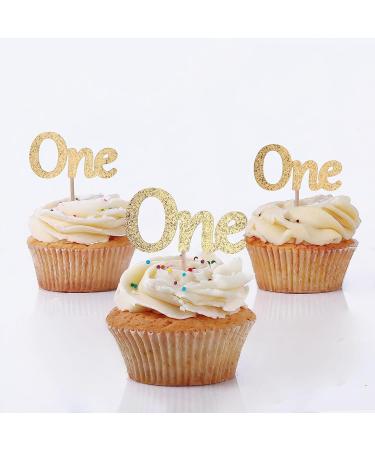PACK of 24pcs Toppers Gold Number One Toppers First Birthday Cake Toppers and Picks Gold Glitter Cake Decorating Toppers One Year Cupcake Topper Decorations Birthday Cake Toppers