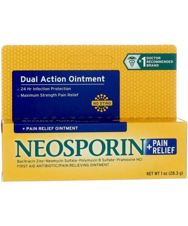 Neosporin + Maximum-Strength Pain Relief Dual Action Ointment First Aid Topical Antibiotic & Analgesic Ointment for 24-Hour Infection Protection with Bacitracin Zinc & Pramoxine HCl 1 oz (Pack of 2)