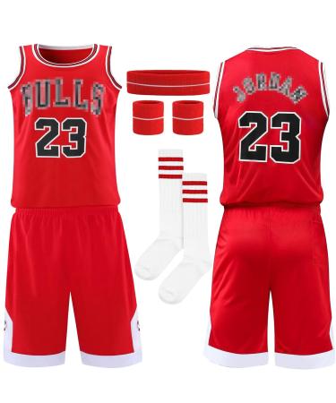 Basketball jersey children 5 pieces basketball jersey shirt and shorts with arm rails +headband +socks basketball jersey youthful basketball suit for 13-15 children