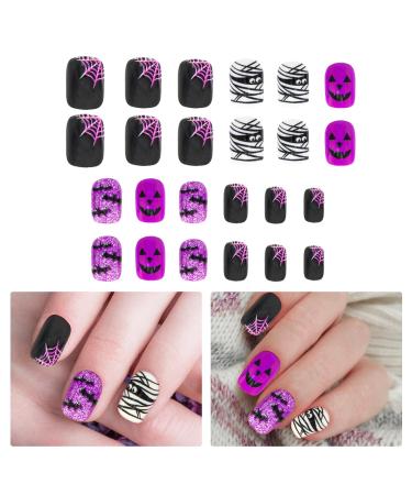 Halloween False Nails Purple Halloween Short Square Press on Nails with Glue Stickers Ghost Bat Spider Web Full Cover Acrylic False Nails Halloween Cosplay False Nails for Women Girls A9ZSDFMJ