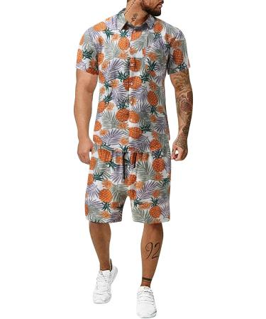 BEUU Cotton Linen Hawaiian Set - Summer Short Sleeve Shirt and Boho Shorts - Orange Large - Buy Online on GoSupps.com