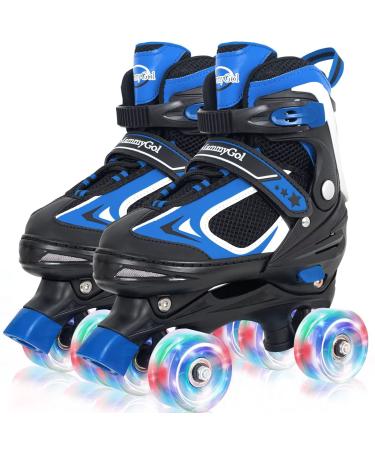 MammyGol Roller Skates for Boys Girls, 4 Sizes Adjustable Quad Skates for Kids with All Light up Wheels, Full Protection for Toddler's Indoor and Outdoor Sports Blue Large - Youth (4-7US)