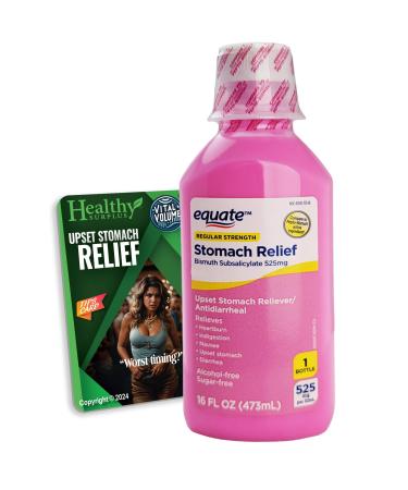 Healthy Surplus Equate Stomach Relief Liquid 16 FL OZ (473mL) Bismuth Subsalicylate 525mg and Vital Volumes Upset Stomach Tips Card Bundle