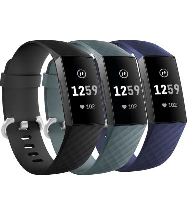 3 Pack Bands for Fitbit Charge 4/ Fitbit Charge 3/ Charge3 SE,Silicone Fitness Sport Wristbands for Women Men Small Large black +navy blue+slate grey Small