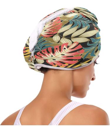 Tropical Leaves Dry Hair Cap & Quick Drying Towel Set - Super Absorbent Soft Comfortable | 2-Piece with Button Headband - Buy Online on GoSupps.com