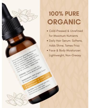 RAYA WELLNESS Organic Argan Oil 2 fl oz (60 ml) | Cold-Pressed Carrier Oil for Hair & Skin | USDA Organic Made in USA - Buy Online on GoSupps.com